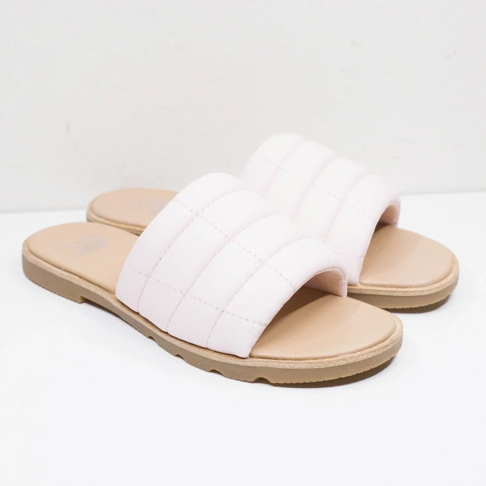 SOREL Ella III‎ Puffy Quilted Leather Slide Sandals Minimalist Pink Sz 6